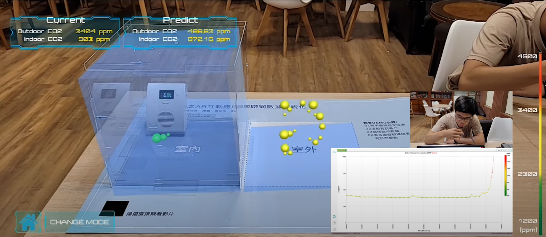  亞軍隊伍「MCAS X SYNC」提出的數位雙生之 AR 互動應用-物聯網數據可視化。建築系提供